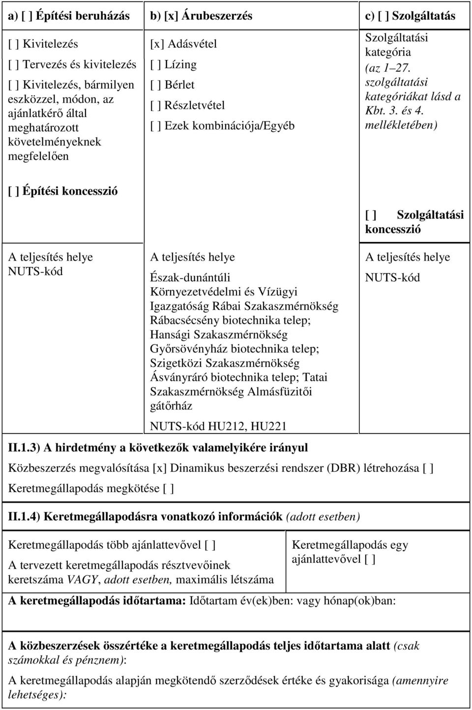 mellékletében) [ ] Építési koncesszió A teljesítés helye NUTS-kód A teljesítés helye Észak-dunántúli Környezetvédelmi és Vízügyi Igazgatóság Rábai Szakaszmérnökség Rábacsécsény biotechnika telep;