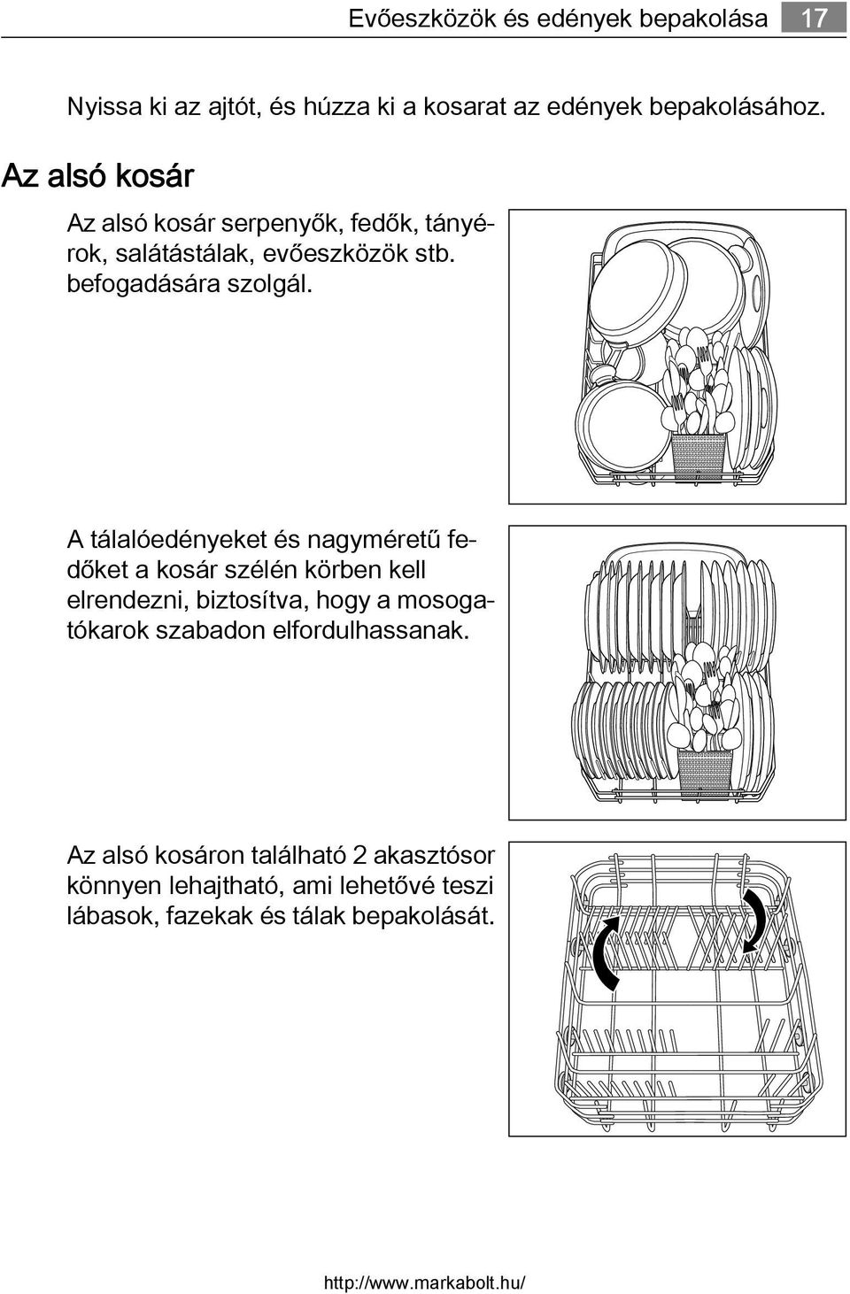 A tálalóedényeket és nagyméretű fedőket a kosár szélén körben kell elrendezni, biztosítva, hogy a mosogatókarok