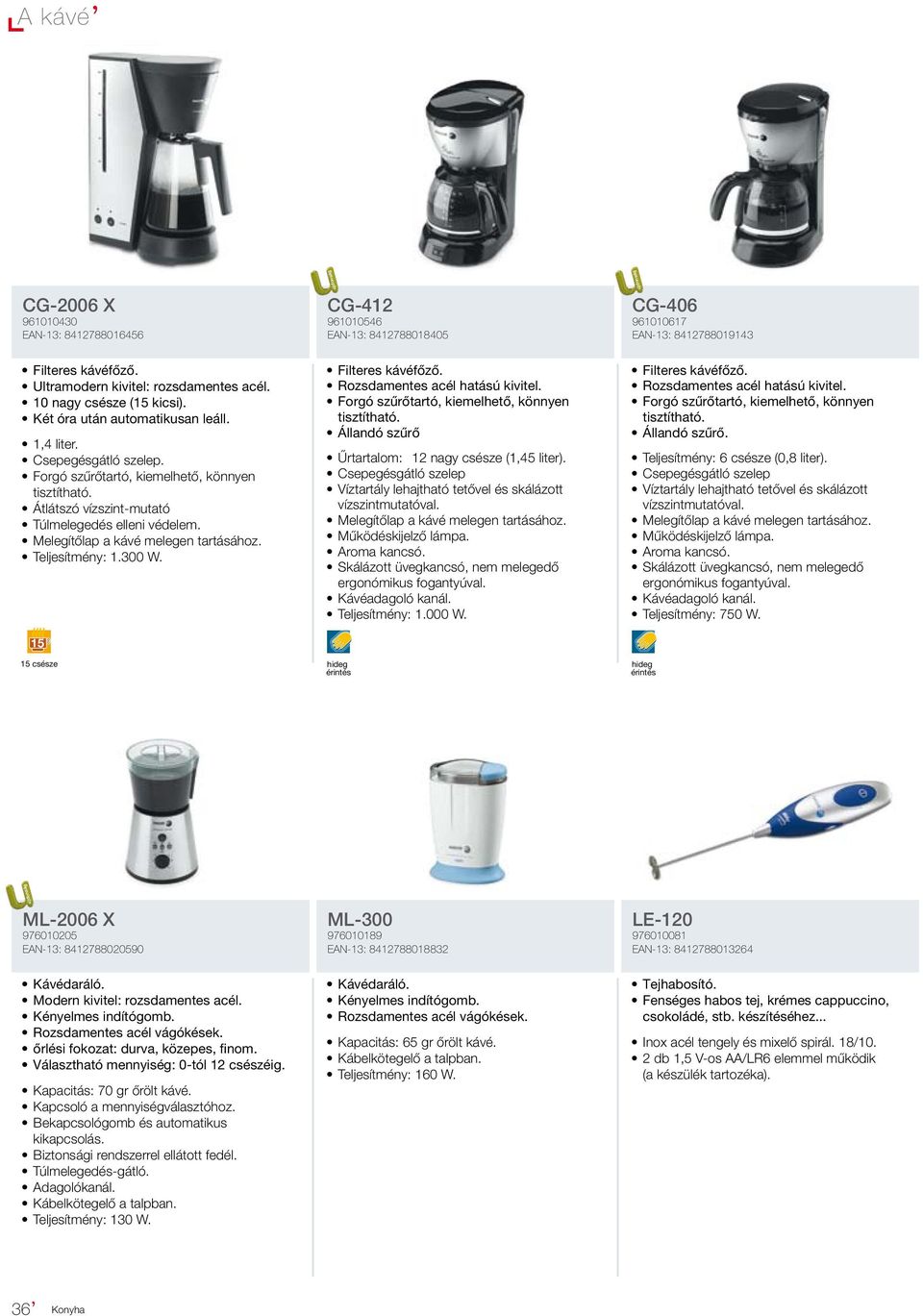 Melegítőlap a kávé melegen tartásához. Teljesítmény: 1.300 W. 15 15 csésze Filteres kávéfőző. Rozsdamentes acél hatású kivitel. Forgó szűrőtartó, kiemelhető, könnyen tisztítható.