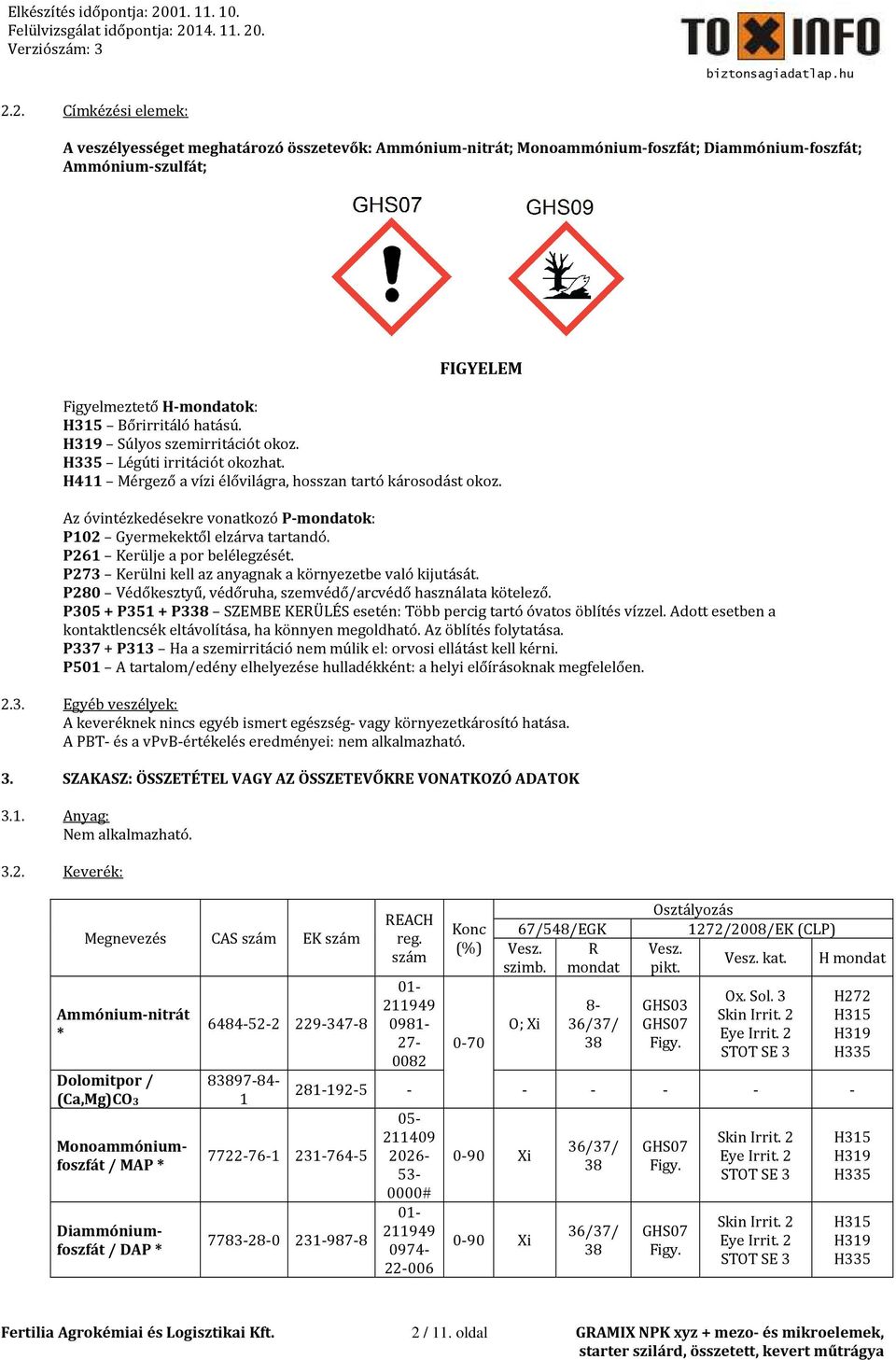 Az óvintézkedésekre vonatkozó P-mondatok: P02 Gyermekektől elzárva tartandó. P26 Kerülje a por belélegzését. P273 Kerülni kell az anyagnak a környezetbe való kijutását.