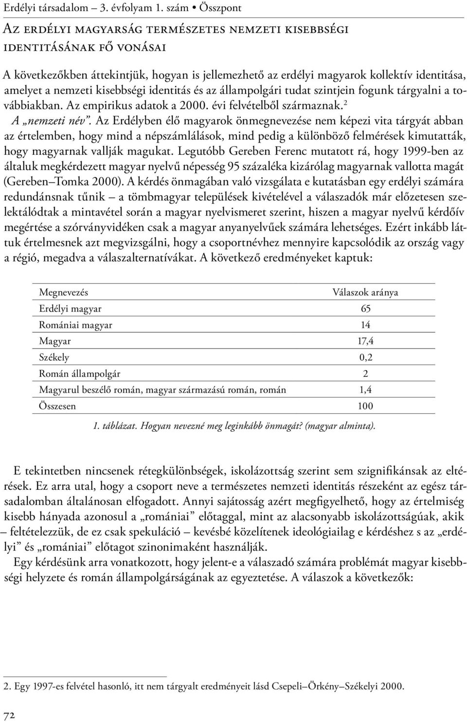 nemzeti kisebbségi identitás és az állampolgári tudat szintjein fogunk tárgyalni a továbbiakban. Az empirikus adatok a 2000. évi felvételből származnak. 2 A nemzeti név.