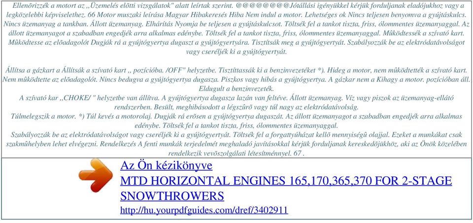 Lehetséges ok Nincs teljesen benyomva a gyújtáskulcs. Nincs üzemanyag a tankban. Állott üzemanyag. Elhárítás Nyomja be teljesen a gyújtáskulcsot.