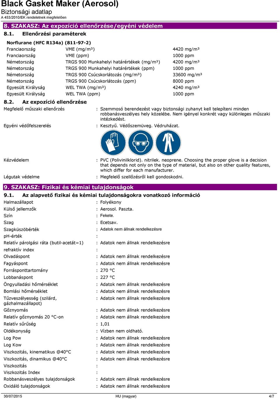 határértékek (ppm) 1000 ppm Németország TRGS 900 Csúcskorlátozás (mg/m³) 33600 mg/m³ Németország TRGS 900 Csúcskorlátozás (ppm) 8000 ppm Egyesült Királyság WEL TWA (mg/m³) 4240 mg/m³ Egyesült