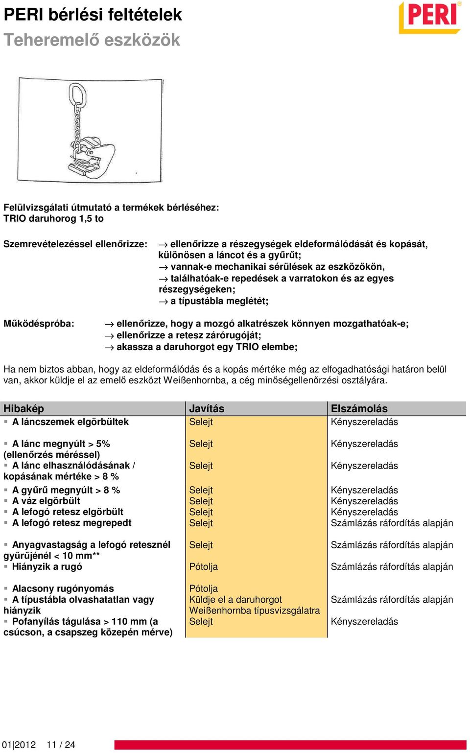 elgörbültek A lánc megnyúlt > 5% (ellenőrzés méréssel) A lánc elhasználódásának / kopásának mértéke > 8 % A gyűrű megnyúlt > 8 % A váz elgörbült A lefogó retesz elgörbült A lefogó retesz megrepedt