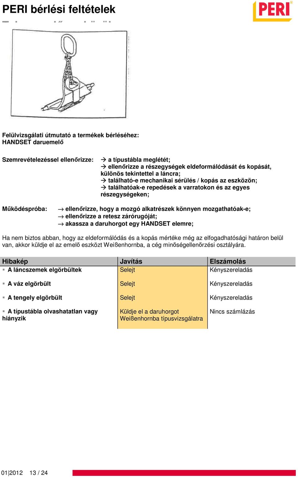 mozgó alkatrészek könnyen mozgathatóak-e; ellenőrizze a retesz zárórugóját; akassza a daruhorgot egy HANDSET elemre; A láncszemek