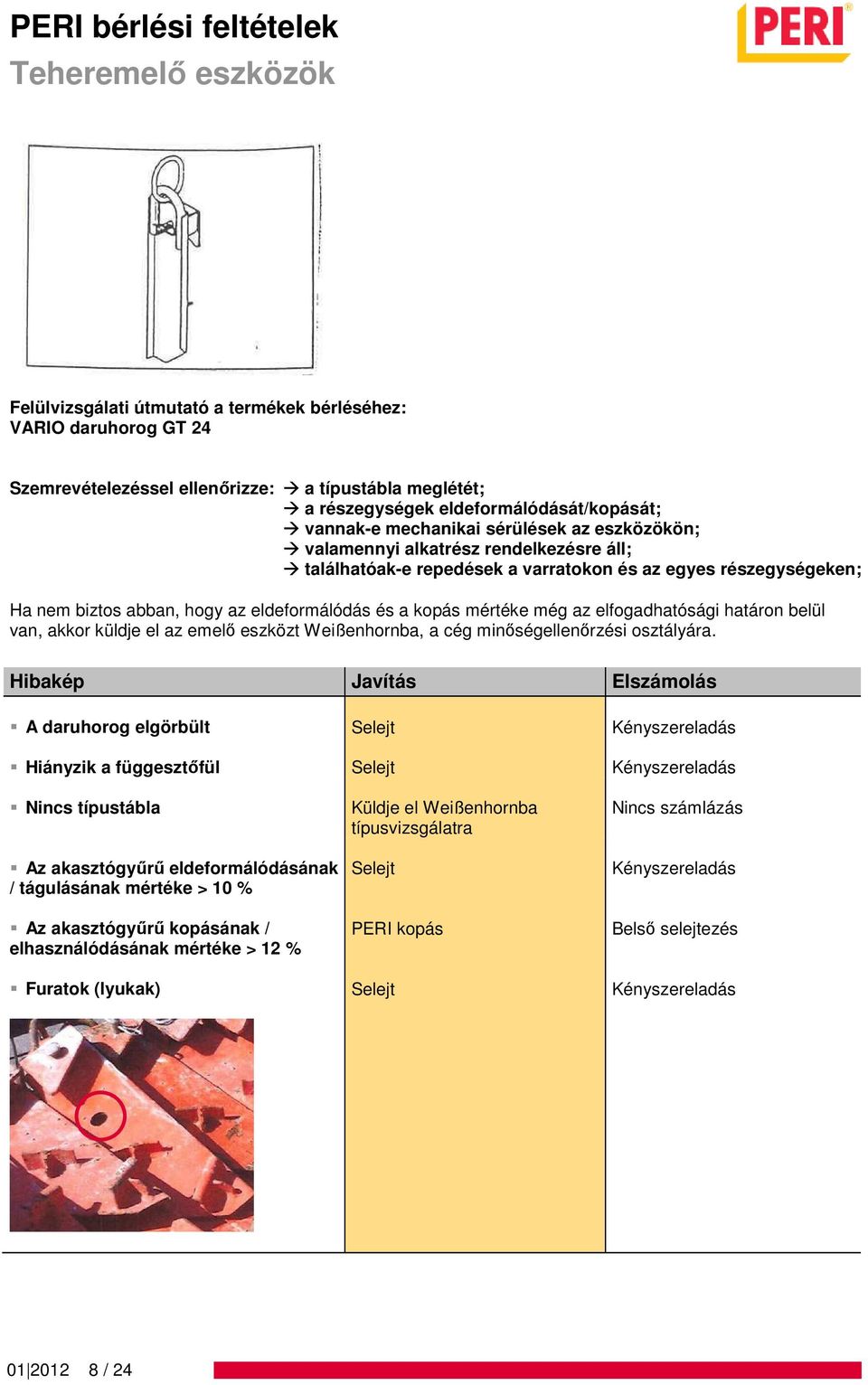 Hiányzik a függesztőfül Nincs típustábla Az akasztógyűrű eldeformálódásának / tágulásának mértéke > 10 % Az akasztógyűrű kopásának