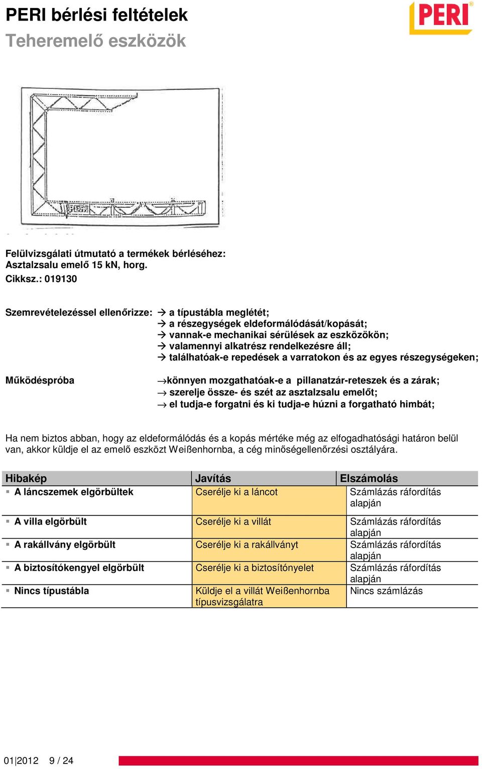 az egyes részegységeken; Működéspróba könnyen mozgathatóak-e a pillanatzár-reteszek és a zárak; szerelje össze- és szét az asztalzsalu emelőt; el tudja-e forgatni és ki tudja-e húzni a forgatható