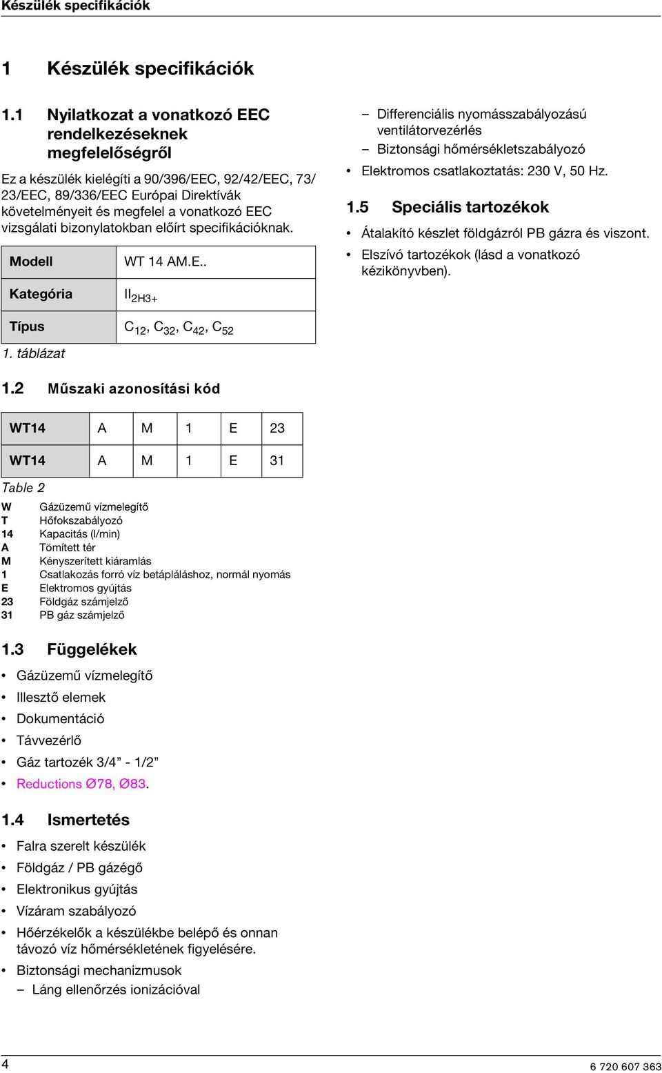 bzonylatokban előírt specfkácóknak. Modell WT 14 AM.E.. Dfferencáls nyomásszabályozású ventlátorvezérlés Bztonság hőmérsékletszabályozó Elektromos csatlakoztatás: 230 V, 50 Hz. 1.5 Specáls tartozékok Átalakító készlet földgázról PB gázra és vszont.