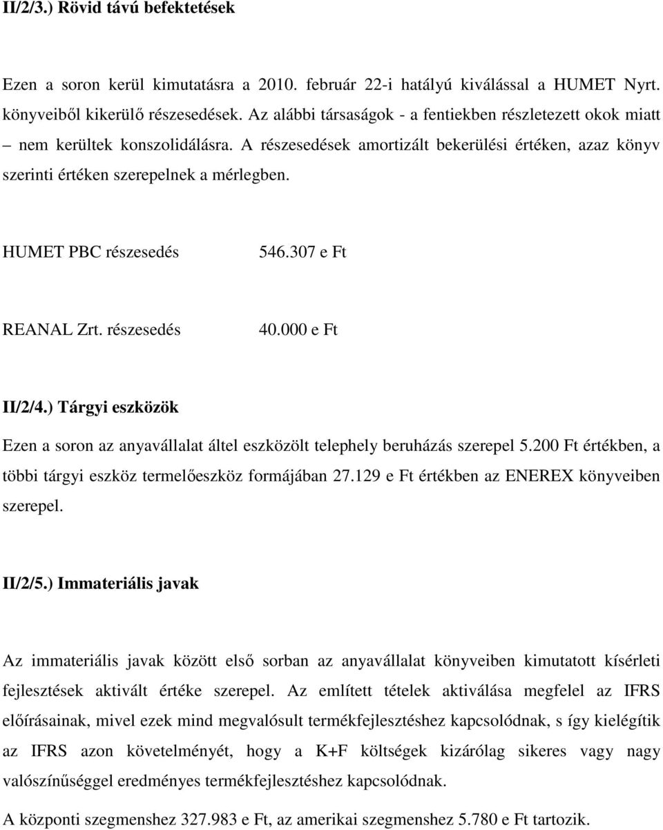 HUMET PBC részesedés 546.307 e Ft REANAL Zrt. részesedés 40.000 e Ft II/2/4.) Tárgyi eszközök Ezen a soron az anyavállalat áltel eszközölt telephely beruházás szerepel 5.