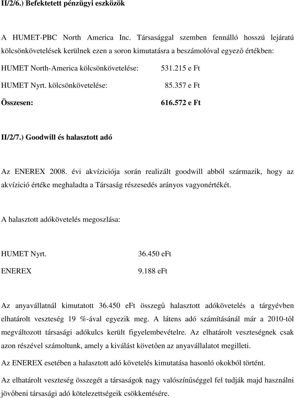 kölcsönkövetelése: Összesen: 531.215 e Ft 85.357 e Ft 616.572 e Ft II/2/7.) Goodwill és halasztott adó Az ENEREX 2008.