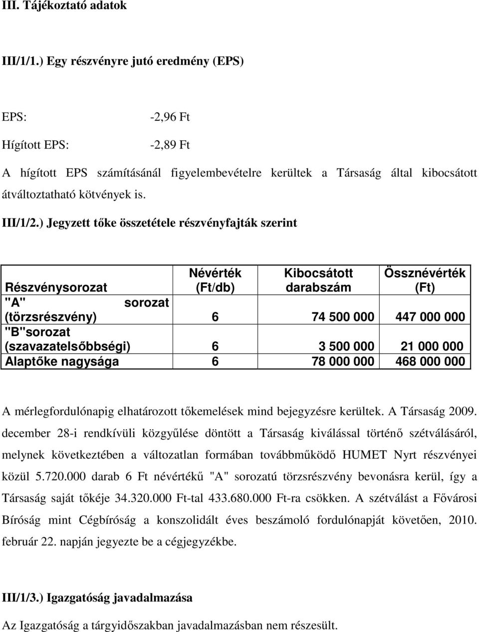 ) Jegyzett tőke összetétele részvényfajták szerint Névérték (Ft/db) Kibocsátott darabszám Össznévérték (Ft) Részvénysorozat "A" sorozat (törzsrészvény) 6 74 500 000 447 000 000 "B"sorozat