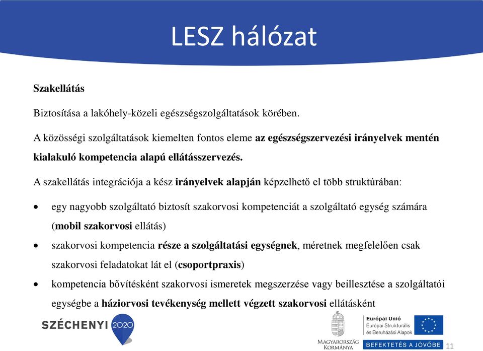 A szakellátás integrációja a kész irányelvek alapján képzelhető el több struktúrában: egy nagyobb szolgáltató biztosít szakorvosi kompetenciát a szolgáltató egység számára (mobil