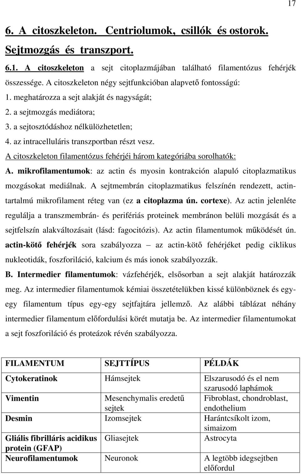 az intracelluláris transzportban részt vesz. A citoszkeleton filamentózus fehérjéi három kategóriába sorolhatók: A.