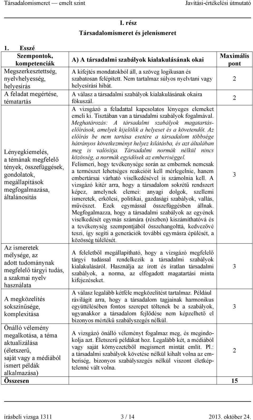 rész Társadalomismeret és jelenismeret A) A társadalmi szabályok kialakulásának okai A kifejtés mondatokból áll, a szöveg logikusan és szabatosan felépített.