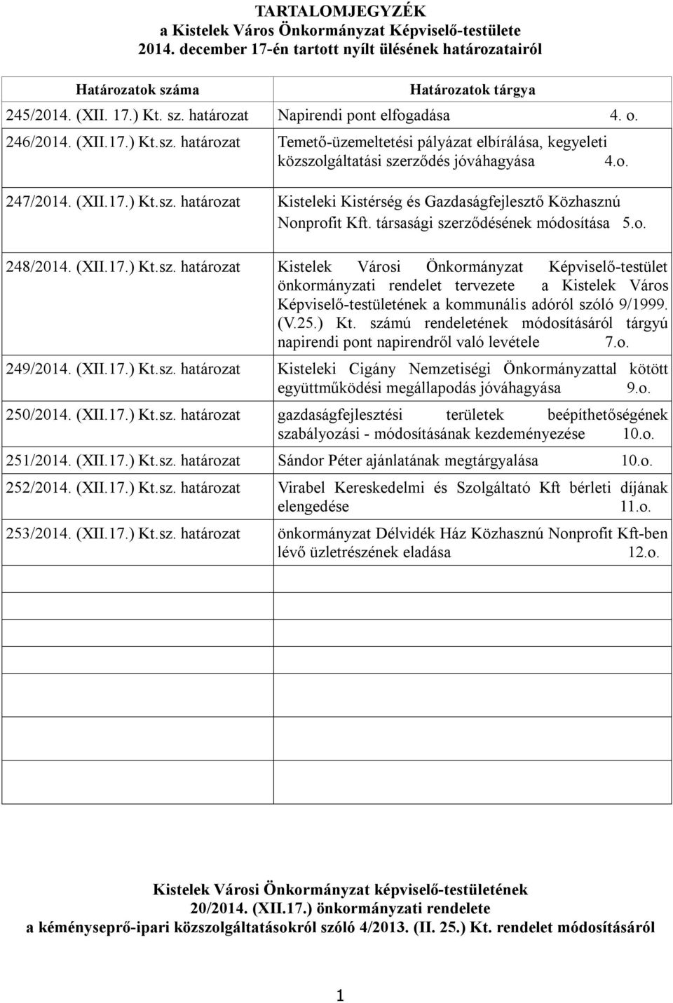 társasági szerződésének módosítása 5.o. 248/2014. (XII.17.) Kt.sz. határozat Kistelek Városi Önkormányzat Képviselő-testület önkormányzati rendelet tervezete a Kistelek Város Képviselő-testületének a kommunális adóról szóló 9/1999.