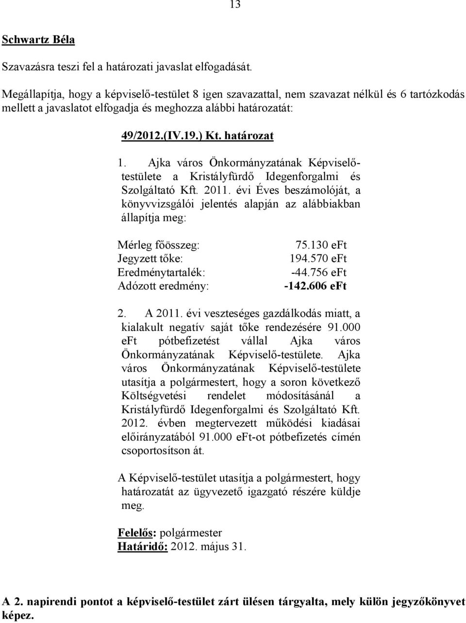 Ajka város Önkormányzatának Képviselőtestülete a Kristályfürdő Idegenforgalmi és Szolgáltató Kft. 2011.