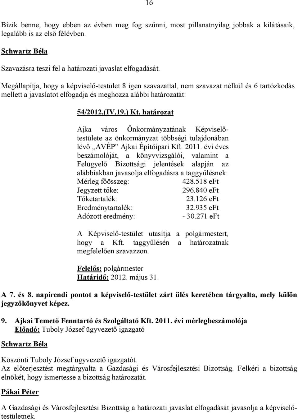 határozat Ajka város Önkormányzatának Képviselőtestülete az önkormányzat többségi tulajdonában lévő AVÉP Ajkai Építőipari Kft. 2011.