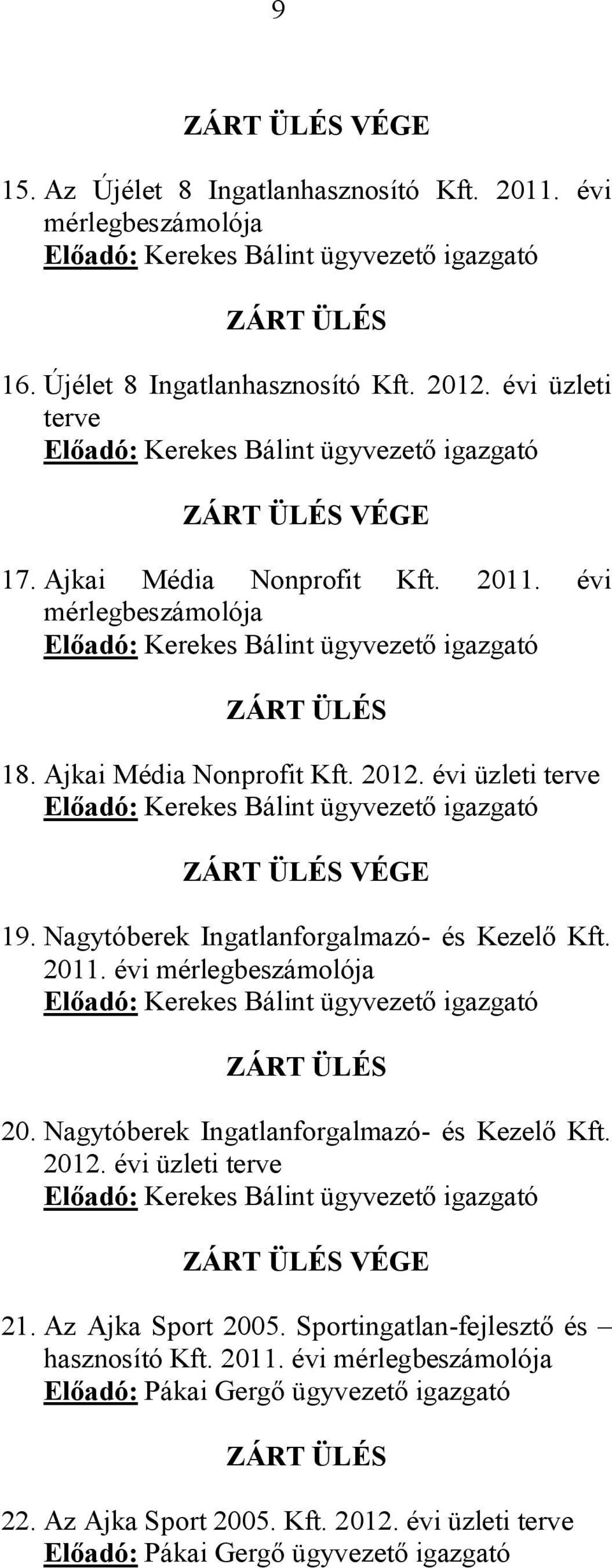 Ajkai Média Nonprofit Kft. 2012. évi üzleti terve Előadó: Kerekes Bálint ügyvezető igazgató ZÁRT ÜLÉS VÉGE 19. Nagytóberek Ingatlanforgalmazó- és Kezelő Kft. 2011.