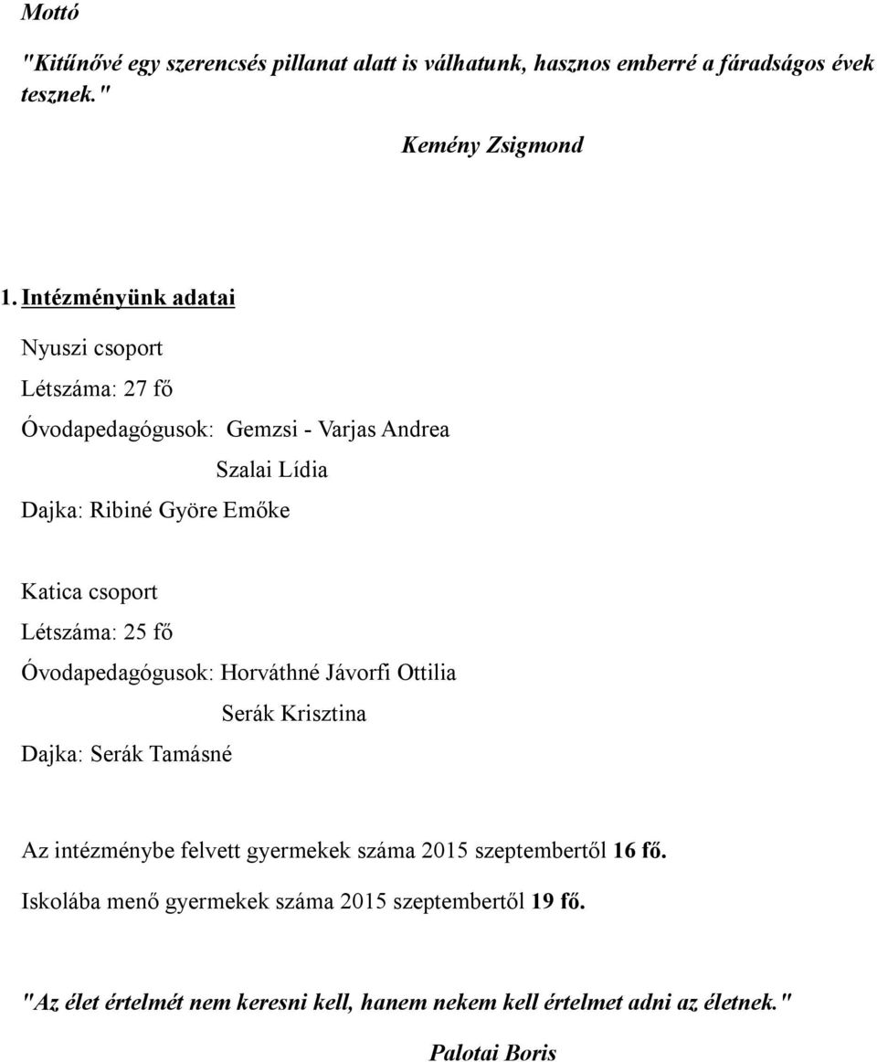 csoport Létszáma: 25 fő Óvodapedagógusok: Horváthné Jávorfi Ottilia Serák Krisztina Dajka: Serák Tamásné Az intézménybe felvett gyermekek száma