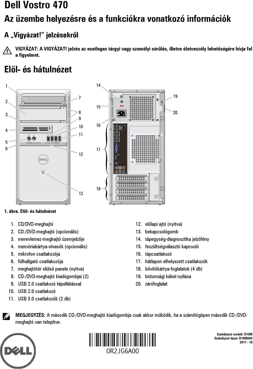 CD-/DVD-meghajtó (opcionális) 3. merevlemez-meghajtó üzemjelzője 4. memóriakártya-olvasók (opcionális) 5. mikrofon csatlakozója 6. fülhallgató csatlakozója 7. meghajtótér elülső panele (nyitva) 8.