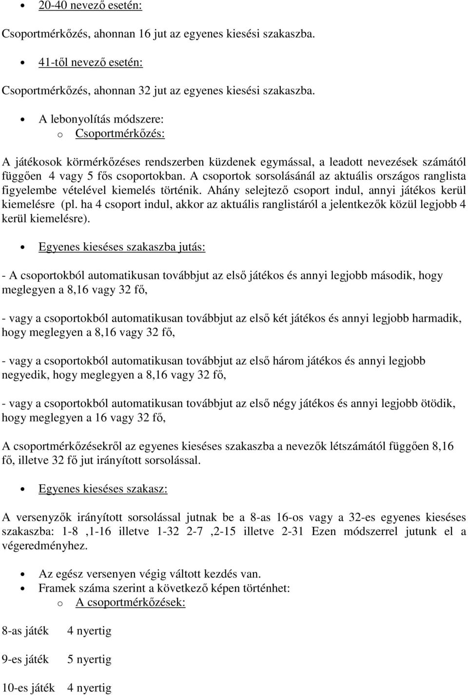 A csoportok sorsolásánál az aktuális országos ranglista figyelembe vételével kiemelés történik. Ahány selejtező csoport indul, annyi játékos kerül kiemelésre (pl.