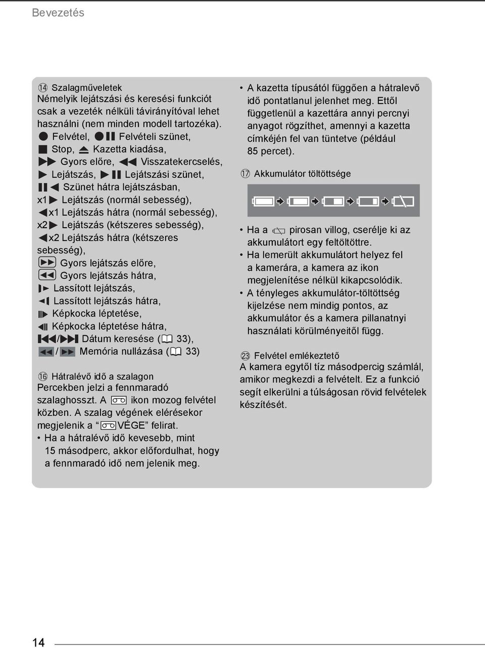 sebesség), x2 Lejátszás (kétszeres sebesség), x2 Lejátszás hátra (kétszeres sebesség), Gyors lejátszás előre, Gyors lejátszás hátra, Lassított lejátszás, Lassított lejátszás hátra, Képkocka