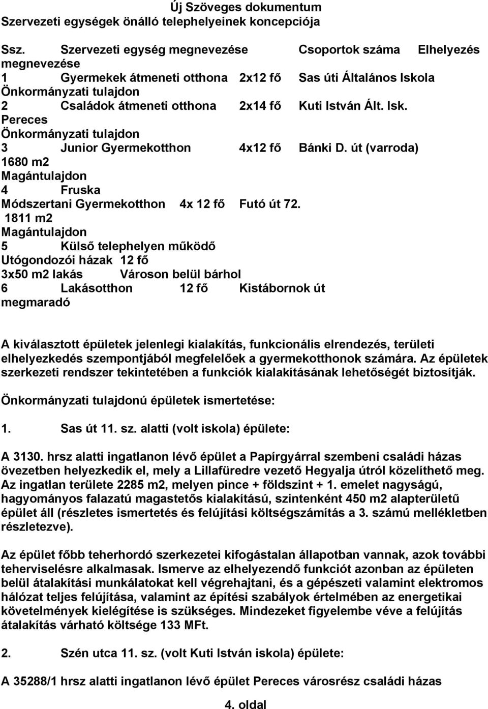 István Ált. Isk. Pereces Önkormányzati tulajdon 3 Junior Gyermekotthon 4x12 fő Bánki D. út (varroda) 1680 m2 Magántulajdon 4 Fruska Módszertani Gyermekotthon 4x 12 fő Futó út 72.