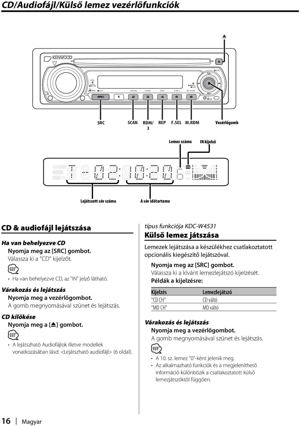 Válassza ki a "CD" kijelzőt. Ha van behelyezve CD, az "IN" jelző látható. Várakozás és lejátszás Nyomja meg a vezérlőgombot. A gomb megnyomásával szünet és lejátszás.