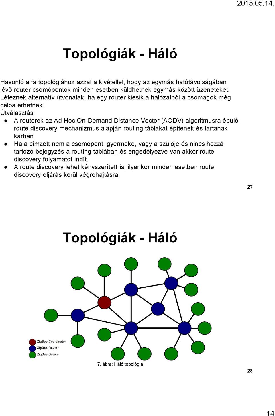 Útválasztás: A routerek az Ad Hoc On-Demand Distance Vector (AODV) algoritmusra épülő route discovery mechanizmus alapján routing táblákat építenek és tartanak karban.