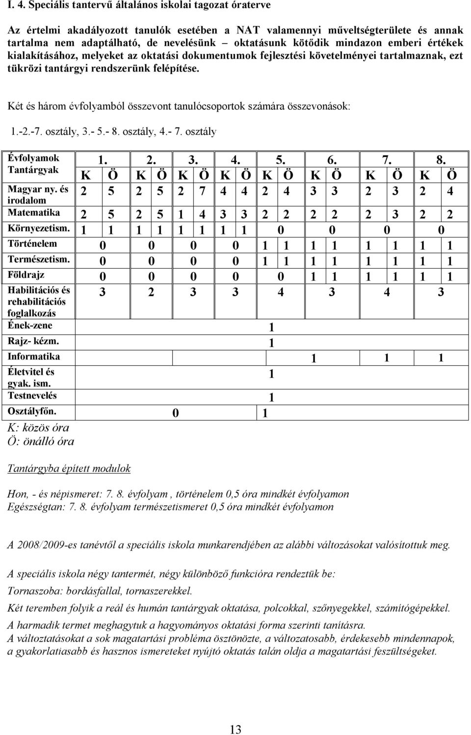 Két és három évfolyamból összevont tanulócsoportok számára összevonások: 1.-2.-7. osztály, 3.- 5.- 8.