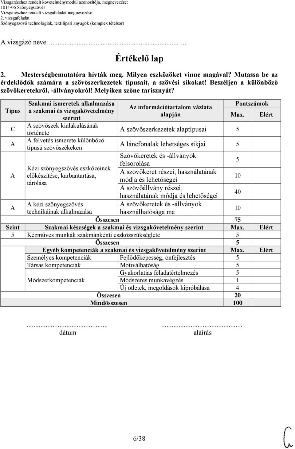 Típus C Szakmai ismeretek alkalmazása a szakmai és vizsgakövetelmény szerint szövőszék kialakulásának története felvetés ismerete különböző típusú szövőszékeken z információtartalom vázlata alapján