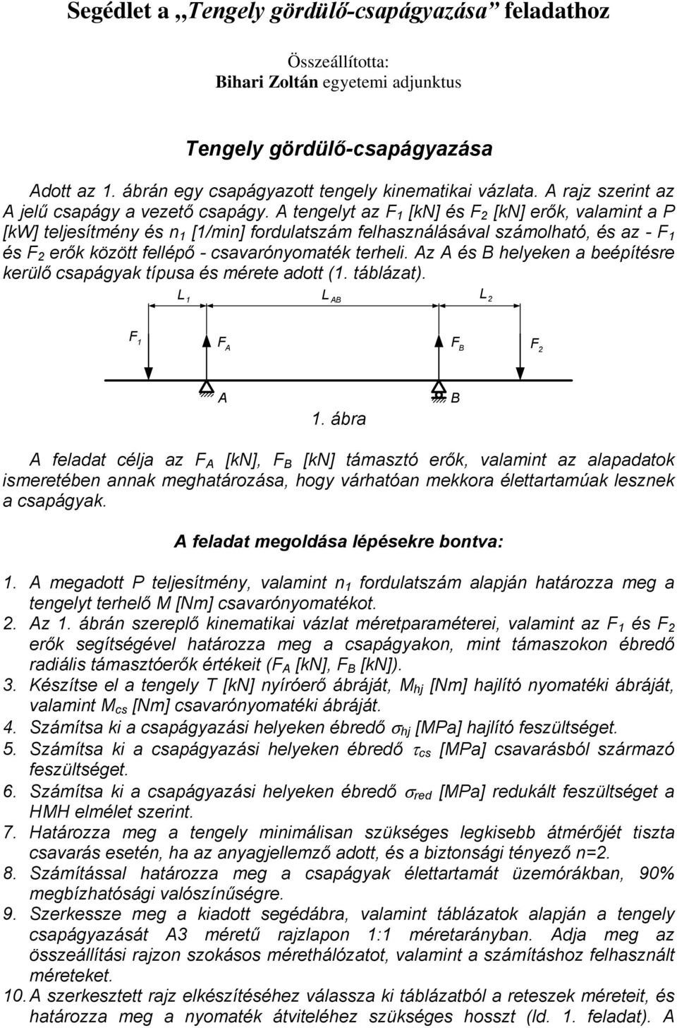 A tengelyt az F [kn] és F [kn] eők, valamint a P [kw] teljesítmény és n [/min] foulatszám felhasználásával számolható, és az - F és F eők között felléő - csavaónyomaték teheli.