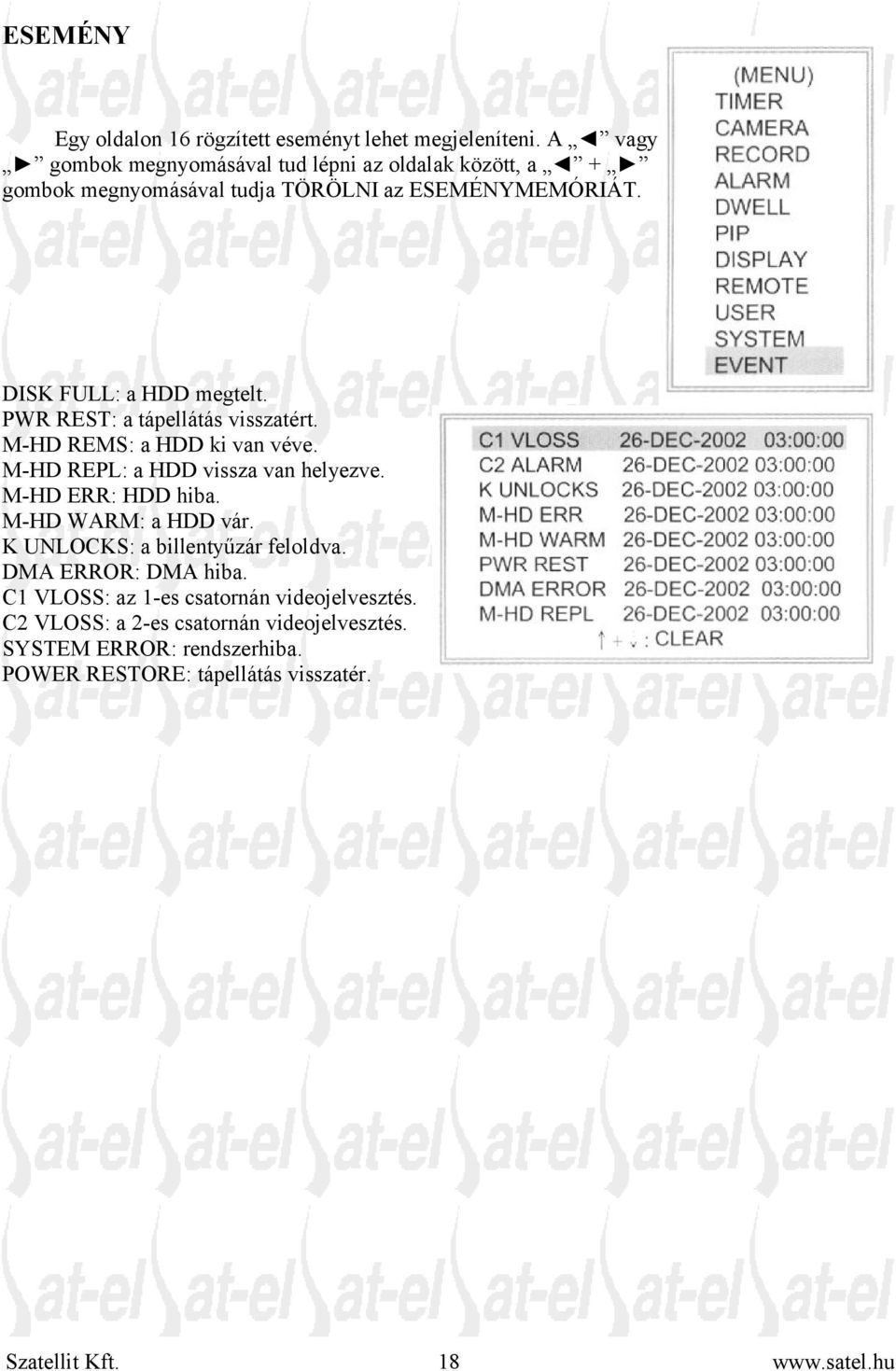 PWR REST: a tápellátás visszatért. M-HD REMS: a HDD ki van véve. M-HD REPL: a HDD vissza van helyezve. M-HD ERR: HDD hiba.