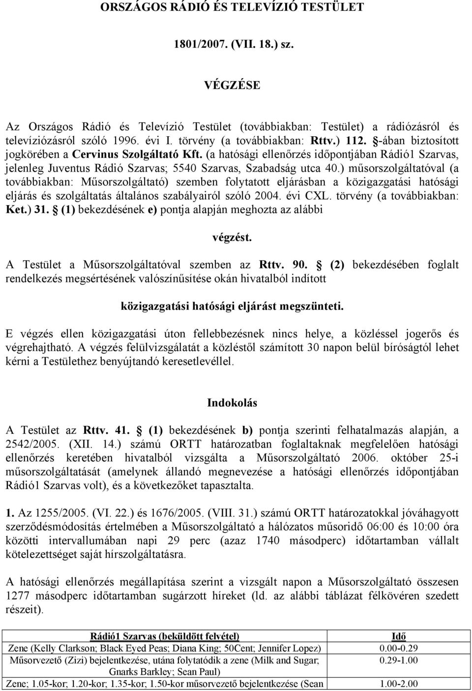 (a hatósági ellenőrzés időpontjában Rádió1 Szarvas, jelenleg Juventus Rádió Szarvas; 5540 Szarvas, Szabadság utca 40.