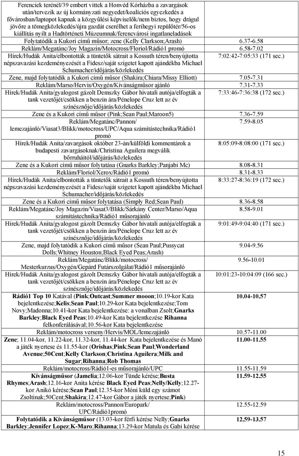 Clarkson;Arash) 6.37-6.58 Reklám/Megatánc/Joy Magazin/Motocross/Floriol/Rádió1 promó 6.58-7.02 Hírek/Hudák Anita/elbontották a tüntetők sátrait a Kossuth téren/benyújtotta 7:02:42-7:05:33 (171 sec.
