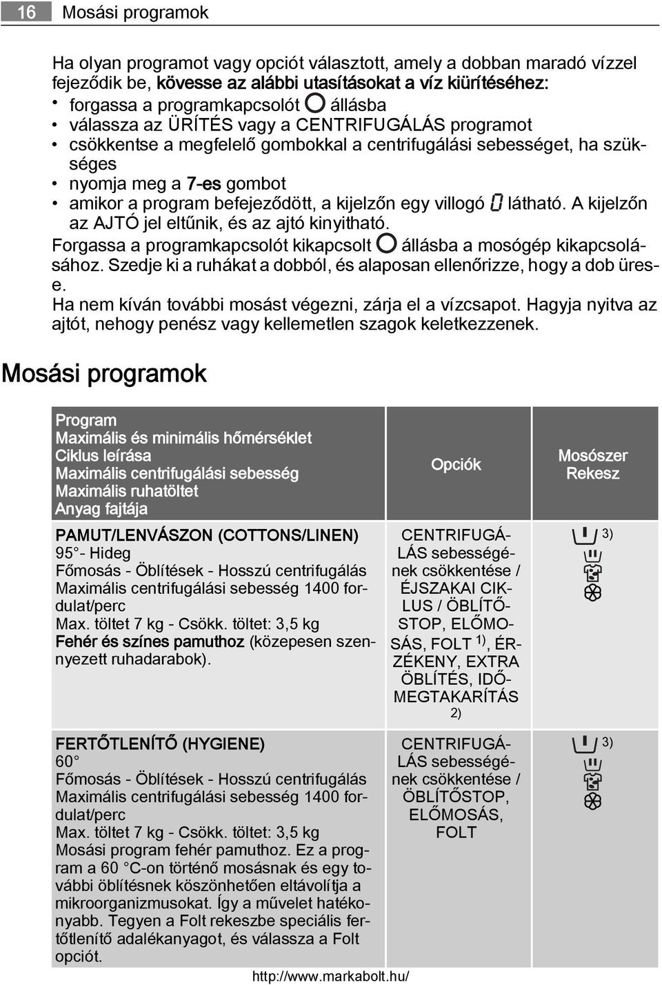 villogó látható. A kijelzőn az AJTÓ jel eltűnik, és az ajtó kinyitható. Forgassa a programkapcsolót kikapcsolt állásba a mosógép kikapcsolásához.