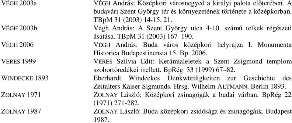 Monumenta VERES 1999 Historica Budapestinensia 15. Bp. 2006. VERES Szilvia Edit: Kerámialeletek a Szent Zsigmond templom szobortöredékei mellett. BpRég 33 (1999) 67 82.