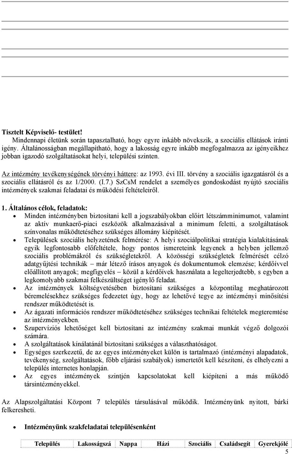 Az intézmény tevékenységének törvényi háttere: az 1993. évi III. törvény a szociális igazgatásról és a szociális ellátásról és az 1/2000. (I.7.