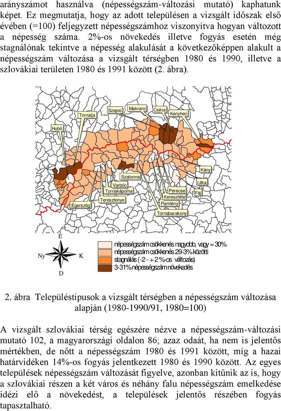 2%-os növekedés illetve fogyás esetén még stagnálónak tekintve a népesség alakulását a következõképpen alakult a népességszám változása a vizsgált térségben 1980 és 1990, illetve a szlovákiai