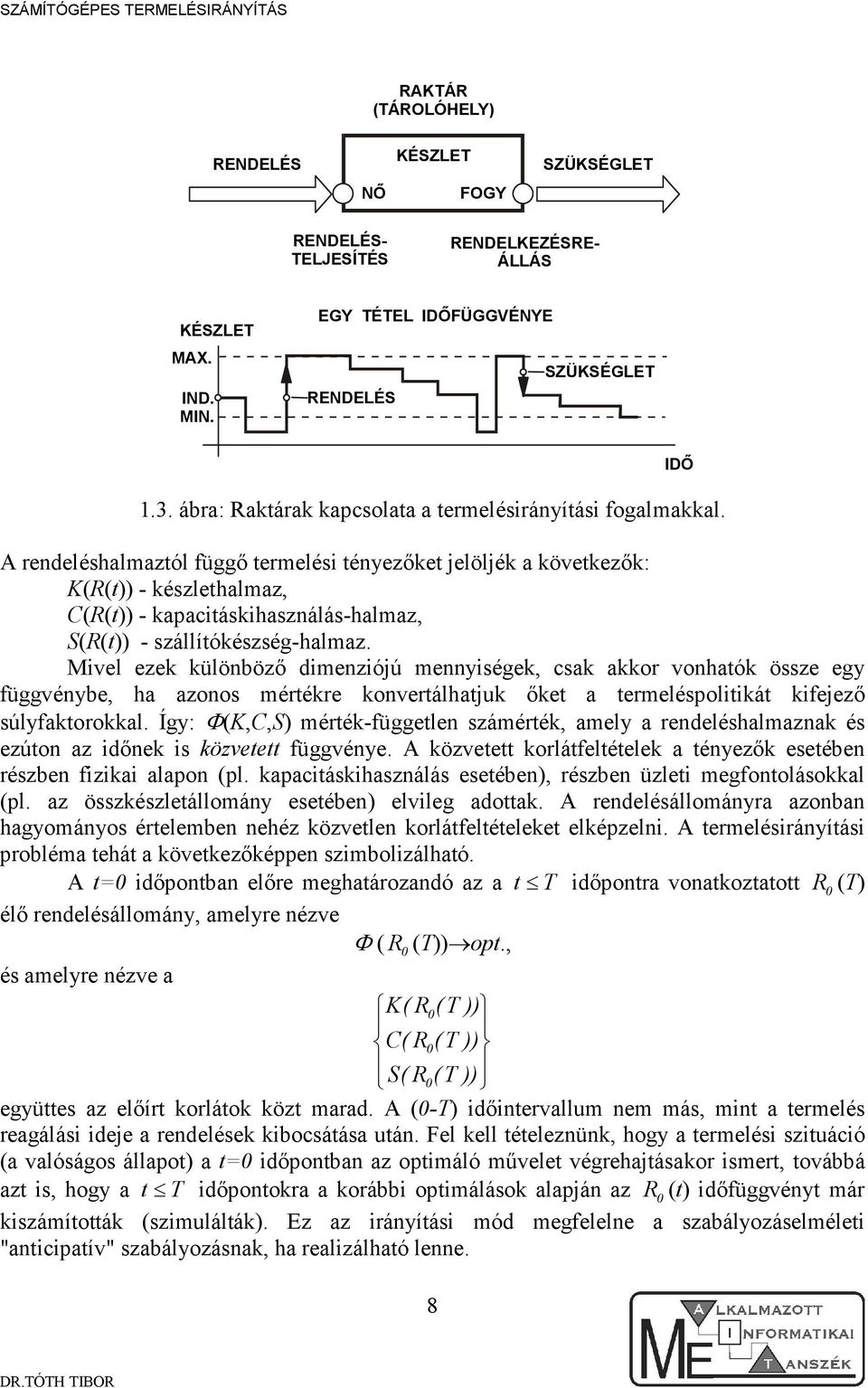 A rendeléshalmaztól függı termelés tényezıket elölék a következık: K(R(t)) - készlethalmaz, C(R(t)) - kapactáskhasználás-halmaz, S(R(t)) - szállítókészség-halmaz.