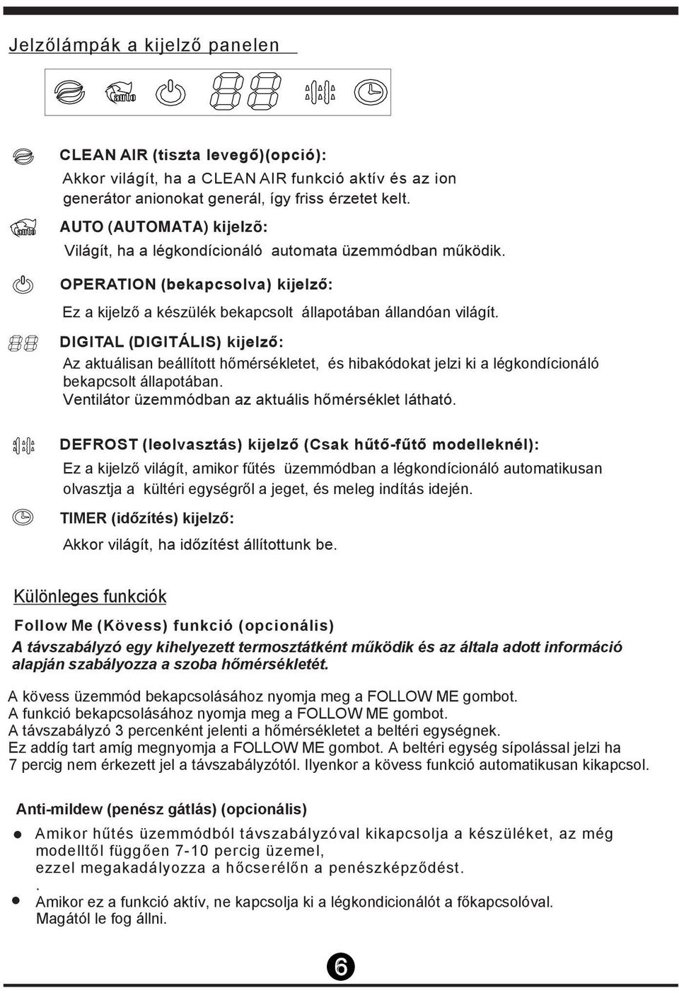 DIGITAL (DIGITÁLIS) kijelző: Az aktuálisan beállított hőmérsékletet, és hibakódokat jelzi ki a légkondícionáló bekapcsolt állapotában. Ventilátor üzemmódban az aktuális hőmérséklet látható.