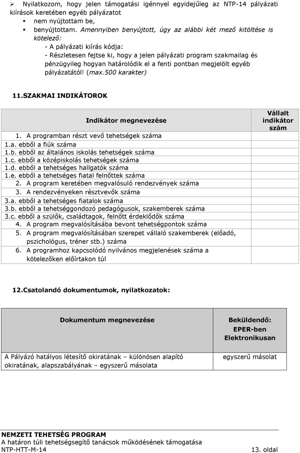 el a fenti pontban megjelölt egyéb pályázatától! (max.500 karakter) 11. SZAKMAI INDIKÁTOROK Indikátor megnevezése 1. A programban részt vevő tehetségek száma 1.a. ebből a fiúk száma 1.b. ebből az általános iskolás tehetségek száma 1.