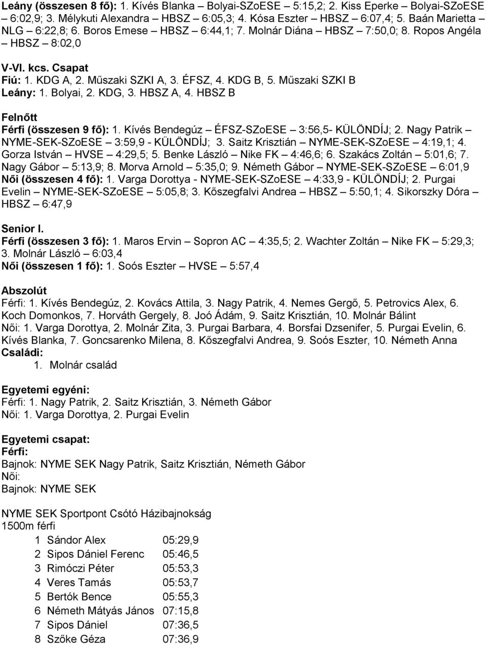 HBSZ A, 4. HBSZ B Felnőtt Férfi (összesen 9 fő): 1. Kívés Bendegúz ÉFSZ-SZoESE 3:56,5- KÜLÖNDÍJ; 2. Nagy Patrik NYME-SEK-SZoESE 3:59,9 - KÜLÖNDÍJ; 3. Saitz Krisztián NYME-SEK-SZoESE 4:19,1; 4.