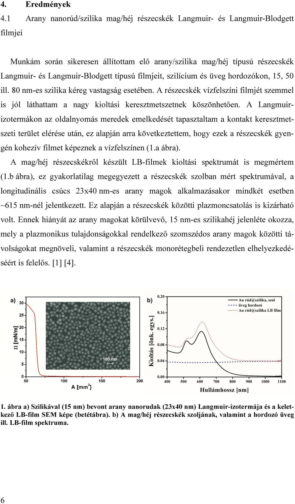 filmjeit, szilícium és üveg hordozókon, 15, 50 ill. 80 nm-es szilika kéreg vastagság esetében. A részecskék vízfelszíni filmjét szemmel is jól láthattam a nagy kioltási keresztmetszetnek köszönhetően.