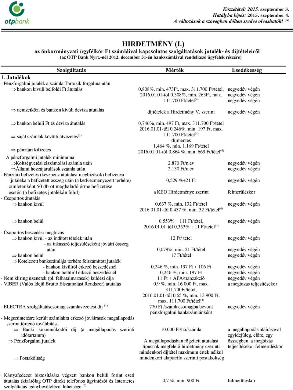 közötti átvezetés (3) pénztári kifizetés A pénzforgalmi jutalék minimuma Költségvetési elszámolási számla után Állami hozzájárulások számla után 0,808%, min. 473Ft, max. 311.700 Ft/tétel, 2016