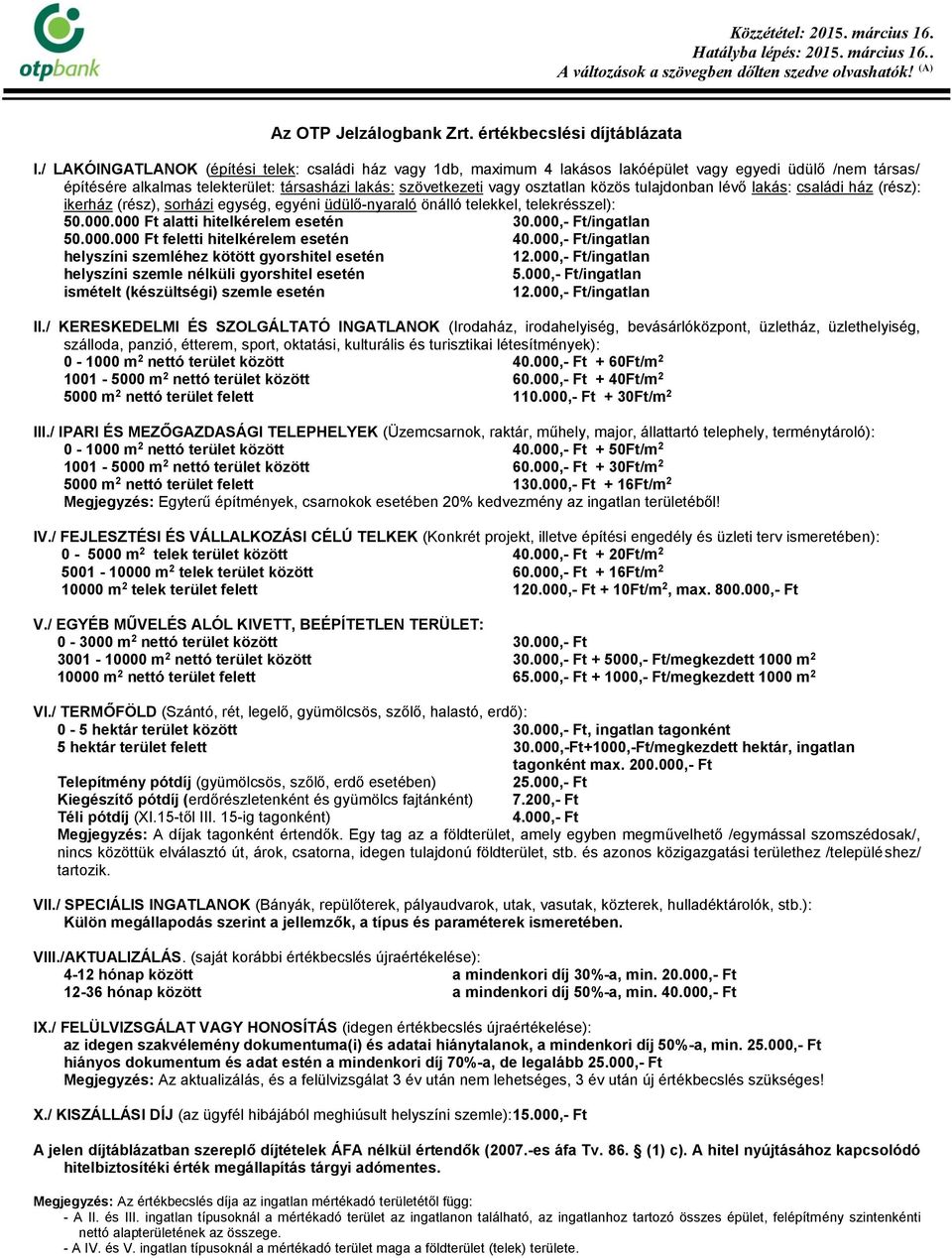 tulajdonban lévő lakás: családi ház (rész): ikerház (rész), sorházi egység, egyéni üdülő-nyaraló önálló telekkel, telekrésszel): 50.000.000 Ft alatti hitelkérelem esetén 30.000,- Ft/ingatlan 50.000.000 Ft feletti hitelkérelem esetén 40.