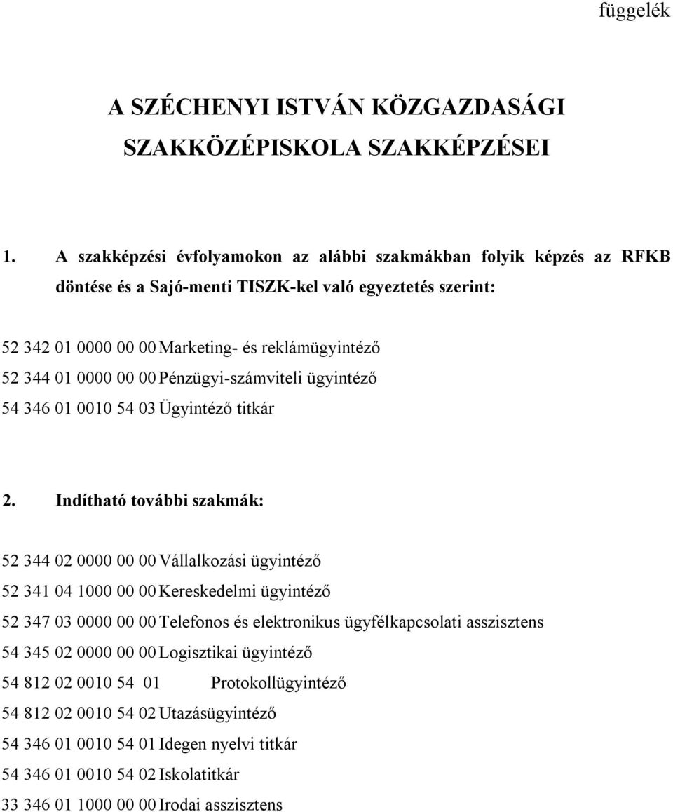 0000 00 00 Pénzügyi-számviteli ügyintéző 54 346 01 0010 54 03 Ügyintéző titkár 2.