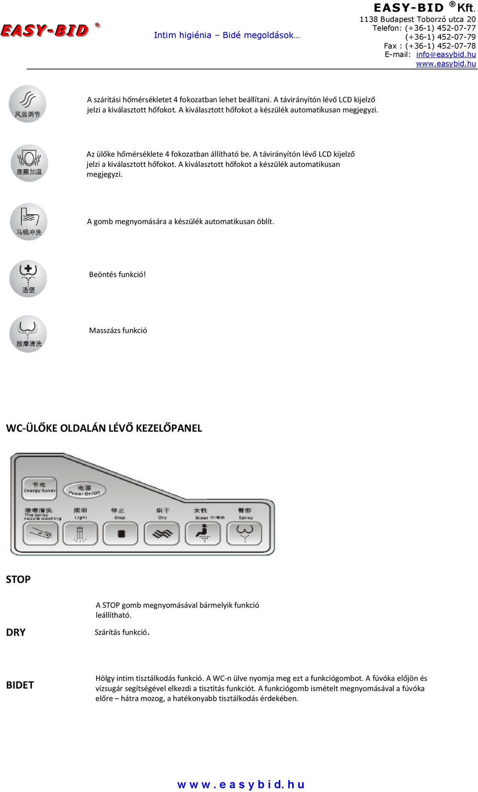 A gomb megnyomására a készülék automatikusan öblít. Beöntés funkció! Masszázs funkció WC-ÜLŐKE OLDALÁN LÉVŐ KEZELŐPANEL STOP DRY A STOP gomb megnyomásával bármelyik funkció leállítható.