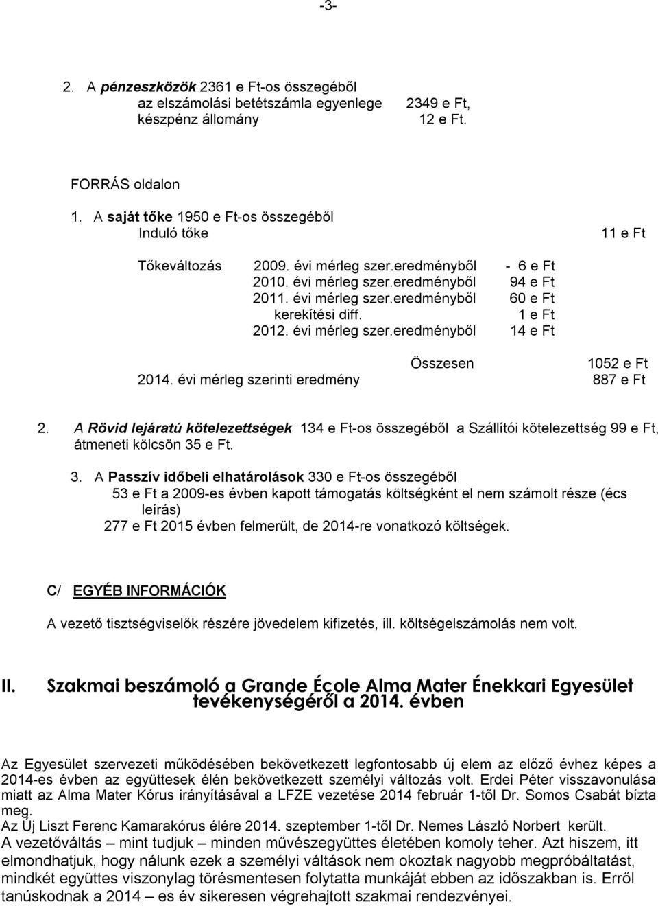 1 e Ft 2012. évi mérleg szer.eredményből 14 e Ft Összesen 1052 e Ft 2014. évi mérleg szerinti eredmény 887 e Ft 2.