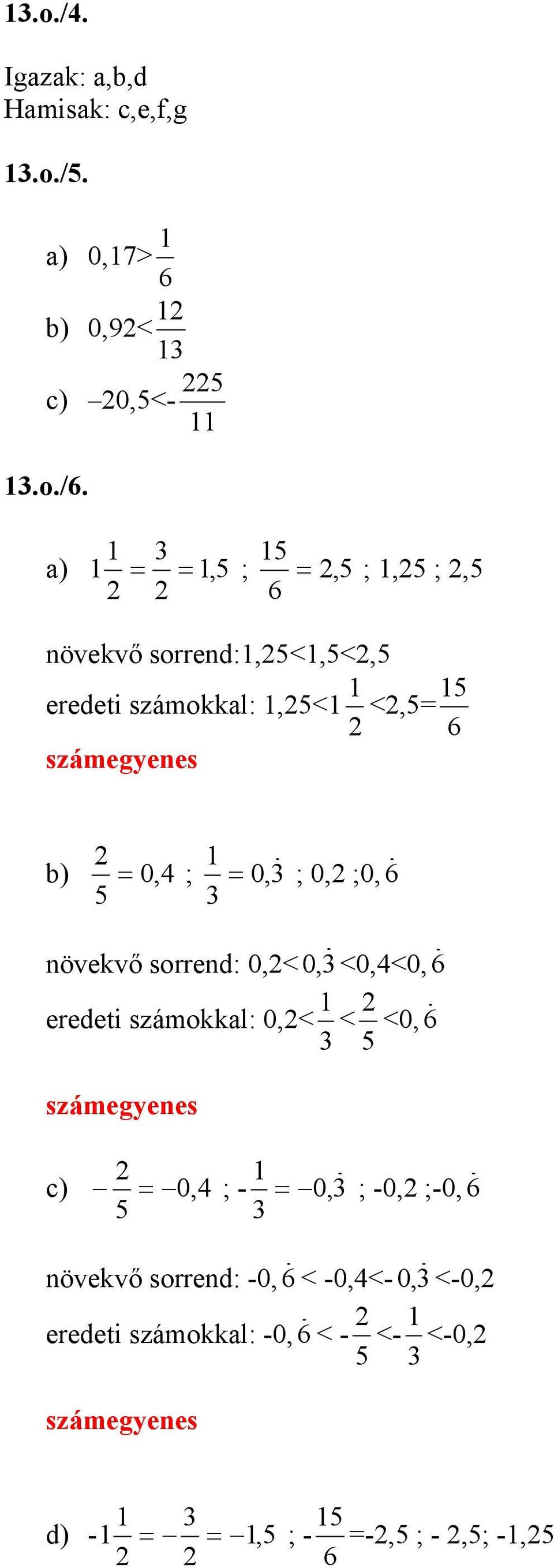 0,< 0, <0,<0, eredeti számokkal: 0,< < <0, számegyenes c) 0, ; - 0, ; -0, ;-0, növekvő